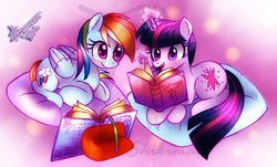 Size: 1200x724 | Tagged: safe, artist:shikimaakemi, rainbow dash, twilight sparkle, g4, blushing, book, female, glowing, lesbian, magic, pillow, reading, ship:twidash, shipping