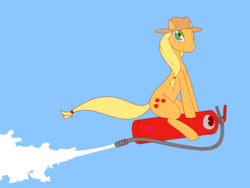 Size: 4000x3000 | Tagged: safe, artist:darkdoomer, applejack, g4, female, fire extinguisher, flying, ms paint, simple background, sitting, solo