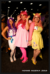Size: 1388x2048 | Tagged: artist needed, safe, fluttershy, pinkie pie, rarity, human, g4, 2012, convention, cosplay, irl, irl human, photo, san diego comic con