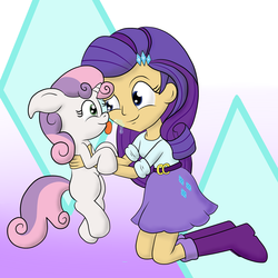 Size: 2000x2000 | Tagged: safe, artist:schizophrenicghost, rarity, sweetie belle, pony, equestria girls, g4, drool, high res, holding a pony, human coloration, pony pet, tongue out