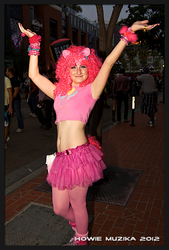 Size: 1388x2048 | Tagged: artist needed, safe, pinkie pie, human, g4, 2012, clothes, convention, cosplay, irl, irl human, midriff, photo, san diego comic con, solo, tutu
