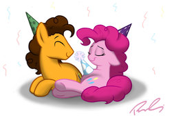 Size: 1015x696 | Tagged: safe, artist:riquis101, cheese sandwich, pinkie pie, g4, cute, eyes closed, female, floppy ears, hat, male, on side, party hat, preggy pie, pregnant, prone, ship:cheesepie, shipping, smiling, straight, streamers, underhoof