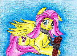 Size: 1024x749 | Tagged: safe, artist:lemuurek, fluttershy, g4, chains, collar, female, post, solo