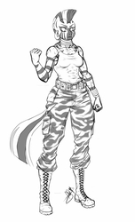 Size: 700x1149 | Tagged: safe, artist:pia-sama, zecora, zebra, anthro, plantigrade anthro, comic:rogue diamond, g4, abs, army boots, boots, camouflage, female, grayscale, monochrome, muscles, simple background, solo, white background