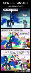 Size: 850x2000 | Tagged: safe, artist:drawponies, princess luna, rarity, spike, alicorn, dragon, pony, unicorn, g4, annoyed, blushing, comic, confused, dream, dream walker luna, dreams, female, floppy ears, frown, gritted teeth, horn, ice cream, mare, raised hoof, smiling, walking, working
