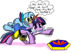 Size: 500x364 | Tagged: safe, artist:fauxsquared, rainbow dash, twilight sparkle, g4, backpack, banjo kazooie, belt, clothes, crying, flight pad, parody, shorts