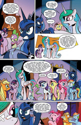 Size: 777x1195 | Tagged: safe, artist:andy price, idw, official comic, applejack, fluttershy, pinkie pie, princess celestia, princess luna, rainbow dash, rarity, spike, twilight sparkle, alicorn, dragon, earth pony, pegasus, pony, unicorn, g4, spoiler:comic, spoiler:comic18, bandage, bandaged wing, comic, female, idw advertisement, male, mane seven, mane six, mare, preview, speech bubble, twilight sparkle (alicorn), wings