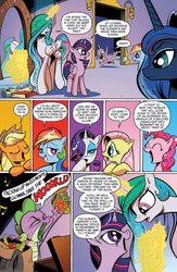 Size: 777x1195 | Tagged: safe, artist:andy price, idw, official comic, applejack, fluttershy, pinkie pie, princess celestia, princess luna, rainbow dash, rarity, spike, twilight sparkle, alicorn, dragon, pony, g4, spoiler:comic, spoiler:comic18, armpits, backpack, bag, comic, element of honesty, element of loyalty, elements of harmony, female, idw advertisement, magic, magic aura, male, mane seven, mane six, mare, preview, speech bubble, telekinesis, twilight sparkle (alicorn)