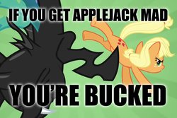 Size: 1080x720 | Tagged: safe, screencap, applejack, changeling, a canterlot wedding, g4, bucking, caption, image macro, meme, pun