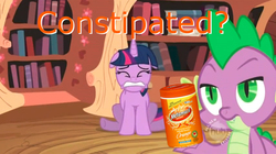 Size: 900x505 | Tagged: safe, edit, edited screencap, screencap, spike, twilight sparkle, dragon, pony, unicorn, g4, lesson zero, constipated, female, hub logo, laxative, logo, male, mare, metamucil, the hub