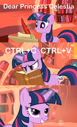 Size: 500x829 | Tagged: safe, edit, screencap, twilight sparkle, g4, cheating, friendship report, plagiarism, smirk, wikipedia