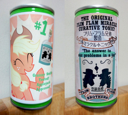 Size: 2000x1803 | Tagged: safe, applejack, flam, flim, g4, leap of faith, applejack approved, can, flim flam brothers, flim flam miracle curative tonic, japanese, tonic