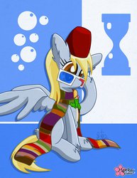 Size: 786x1017 | Tagged: safe, artist:clouddg, derpy hooves, pegasus, pony, g4, 3d glasses, celery, clothes, cutie mark background, doctor who, female, fez, fourth doctor, fourth doctor's scarf, hat, mare, scarf, solo, striped scarf