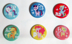 Size: 1432x877 | Tagged: safe, applejack, fluttershy, pinkie pie, rainbow dash, rarity, twilight sparkle, g4, badge, mane six, pins, pointy ponies