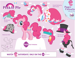 Size: 862x663 | Tagged: dead source, safe, pinkie pie, g4, official, accessory, archive, clothes, cutout, dress, female, gala dress, hat, headband, hub logo, hubworld, paper doll, papercraft, printable, solo, template, tuxedo