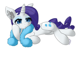 Size: 6001x4474 | Tagged: safe, artist:mimtii, rarity, pony, unicorn, g4, absurd resolution, bored, clothes, ear fluff, feather boa, female, looking at you, mare, on side, scarf, simple background, solo, thick eyebrows, transparent background