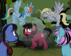 Size: 1200x944 | Tagged: safe, artist:laurentchokobita, derpy hooves, rainbow dash, oc, oc:bookmark act, oc:macdolia, oc:wind art, earth pony, pegasus, pony, unicorn, g4, crying, digital art, everfree forest, group, magic fail