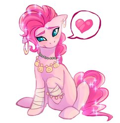 Size: 879x908 | Tagged: safe, artist:naminzo, pinkie pie, friendship is witchcraft, g4, bandage, blushing, bracelet, cute, diapinkes, earring, emoticon, female, floppy ears, gypsy pie, heart, jewelry, necklace, pictogram, piercing, raised hoof, shy, sitting, smiling, solo, sparkles, speech bubble