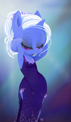 Size: 720x1224 | Tagged: dead source, safe, artist:yuji8sushi, trixie, unicorn, semi-anthro, g4, alternate hairstyle, ambiguous facial structure, arm behind head, armpits, black dress, clothes, dress, female, hooves, lipstick, little black dress, solo