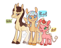 Size: 800x621 | Tagged: safe, artist:clovercoin, oc, oc only, oc:bridgette banana, oc:cherie cupcake, oc:sophie strawberry, food pony, original species, dessertponies