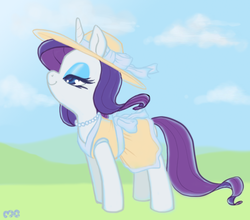 Size: 808x710 | Tagged: safe, artist:mcponyponypony, rarity, g4, clothes, dress, fashion, female, hat, it's called fashion look it up, solo, windswept mane, yellow dress