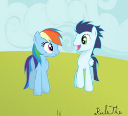 Size: 1024x931 | Tagged: safe, artist:rulette, rainbow dash, soarin', g4, female, male, ship:soarindash, shipping, smiling, straight