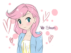 Size: 1500x1125 | Tagged: safe, artist:victorshinigami, fluttershy, human, blushing, cute, female, heart, humanized, looking at you, smiling, solo