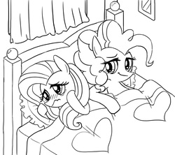 Size: 872x774 | Tagged: safe, artist:dyql11, fluttershy, pinkie pie, pony, g4, bed, blushing, crying, female, lesbian, mare, monochrome, pixiv, ruined for marriage, ship:flutterpie, shipping