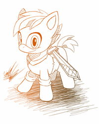 Size: 721x900 | Tagged: safe, artist:fuzon-s, button mash, earth pony, pony, don't mine at night, g4, blank flank, colt, foal, gradient lineart, hooves, looking at you, male, monochrome, simple background, sketch, smiling, solo, sword, white background