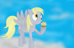 Size: 920x600 | Tagged: safe, artist:kriswanted, derpy hooves, pegasus, pony, g4, cloud, cloudy, female, mare, muffin, solo