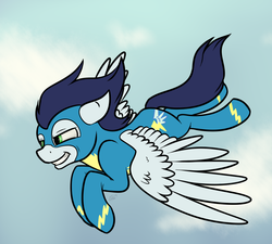 Size: 1000x900 | Tagged: safe, artist:vividvulpine, soarin', g4, flying, male, solo, wonderbolts, wonderbolts uniform