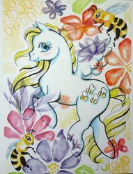 Size: 2856x3744 | Tagged: safe, artist:animeangel07, honeycomb, bee, pegasus, pony, g1, female, flower, flying, high res, solo, traditional art