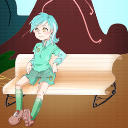Size: 1200x1200 | Tagged: safe, artist:tapioka-kun, lyra heartstrings, human, g4, bench, blushing, cutie mark on clothes, female, humanized, pixiv, smiling, solo