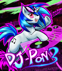 Size: 1047x1188 | Tagged: safe, artist:slifertheskydragon, dj pon-3, vinyl scratch, pony, unicorn, g4, cutie mark, disc jockey, female, hooves, horn, mare, open mouth, psychedelic, record, smiling, solo, teeth, text, turntable, vinyl's glasses