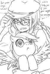 Size: 1181x1748 | Tagged: safe, artist:daikoku, rainbow dash, human, g4, dialogue, lineart, monochrome, pixiv