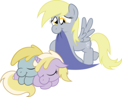 Size: 4150x3309 | Tagged: safe, artist:t-3000, chirpy hooves, derpy hooves, dinky hooves, pegasus, pony, unicorn, g4, chirpabetes, cute, derpabetes, dinkabetes, equestria's best mother, female, filly, foal, high res, horn, mare, simple background, transparent background, trio