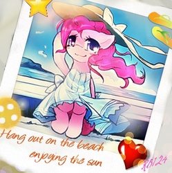 Size: 397x398 | Tagged: safe, artist:surgicalarts, pinkie pie, earth pony, pony, g4, beach dress, bipedal, clothes, dress, female, hat, photo, solo, summer, summer dress, sun hat, sundress, wind