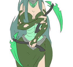 Size: 500x457 | Tagged: safe, artist:sundown, queen chrysalis, human, g4, cleavage, clothes, dress, female, humanized, kama, queen hipsalis, scythe, skirt, solo, weapon, wide hips