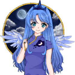 Size: 812x813 | Tagged: safe, artist:d-tomoyo, princess luna, human, g4, cheongsam, clothes, female, humanized, solo, umbrella, winged humanization