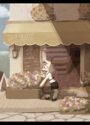 Size: 1024x1426 | Tagged: dead source, safe, artist:berrydrops, oc, oc only, oc:pocket, semi-anthro, apron, clothes, coffee shop, female, mouth hold, pouring, skirt, solo