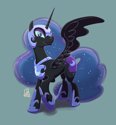 Size: 1000x1079 | Tagged: safe, artist:stinawo, nightmare moon, alicorn, pony, g4, colored sclera, ethereal mane, female, horn, jewelry, mare, raised hoof, regalia, signature, simple background, solo, spread wings, starry mane, wings