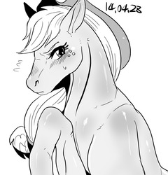 Size: 958x1000 | Tagged: safe, artist:nekubi, applejack, horse, g4, blushing, female, frown, grayscale, hat, hoers, looking at you, monochrome, nervous, raised hoof, realistic, realistic anatomy, shiny, solo, sweat