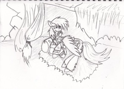 Size: 1280x918 | Tagged: safe, artist:zubias, oc, oc only, pegasus, pony, fallout equestria, foal, monochrome, traditional art