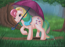 Size: 750x550 | Tagged: safe, artist:hollowzero, parasol (g1), g1, female, mouth hold, rain, solo, umbrella