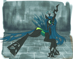 Size: 769x622 | Tagged: safe, artist:nmnkgskds, queen chrysalis, changeling, changeling queen, g4, bound, crown, female, horn, jewelry, pixiv, regalia, ring, simple background, solo, wings
