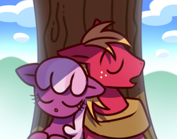 Size: 305x240 | Tagged: safe, artist:nmnkgskds, big macintosh, cheerilee, earth pony, pony, g4, :o, cloud, eyes closed, female, male, mare, open mouth, pixiv, ship:cheerimac, shipping, sky, sleeping, stallion, straight, tree