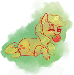 Size: 547x557 | Tagged: safe, artist:fornicata, applejack, g4, apple, eyes closed, female, happy, hatless, missing accessory, mouth hold, prone, solo
