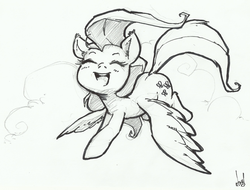 Size: 1200x910 | Tagged: safe, artist:atryl, fluttershy, g4, eyes closed, female, flying, grayscale, happy, monochrome, open mouth, smiling, solo, spread wings, traditional art