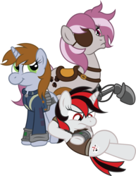 Size: 3063x3971 | Tagged: safe, artist:t-3000, oc, oc only, oc:blackjack, oc:hired gun, oc:littlepip, cyborg, earth pony, pony, unicorn, fallout equestria, fallout equestria: project horizons, clothes, fanfic, fanfic art, female, horn, jumpsuit, mare, pipbuck, saddle, simple background, tack, transparent background, trio, vault suit
