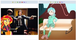 Size: 514x276 | Tagged: safe, lyra heartstrings, sunset shimmer, human, derpibooru, g4, crossover, exploitable meme, gun, humanized, juxtaposition, juxtaposition win, meme, meta, pulp fiction, sitting